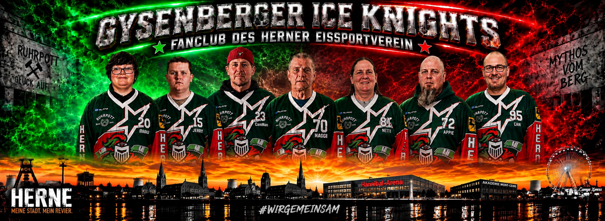 Gysenberger Ice Knights Fanclub-Gruppenbild vor der Herner Skyline und Hannibal-Arena